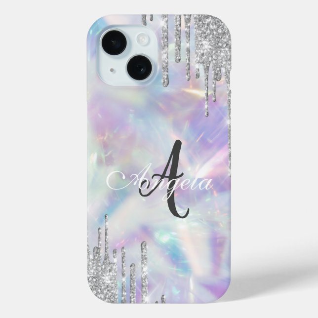 Coques Case-Mate iPhone Paillettes Modernes Gouttes Holographique, Monogra (Verso)