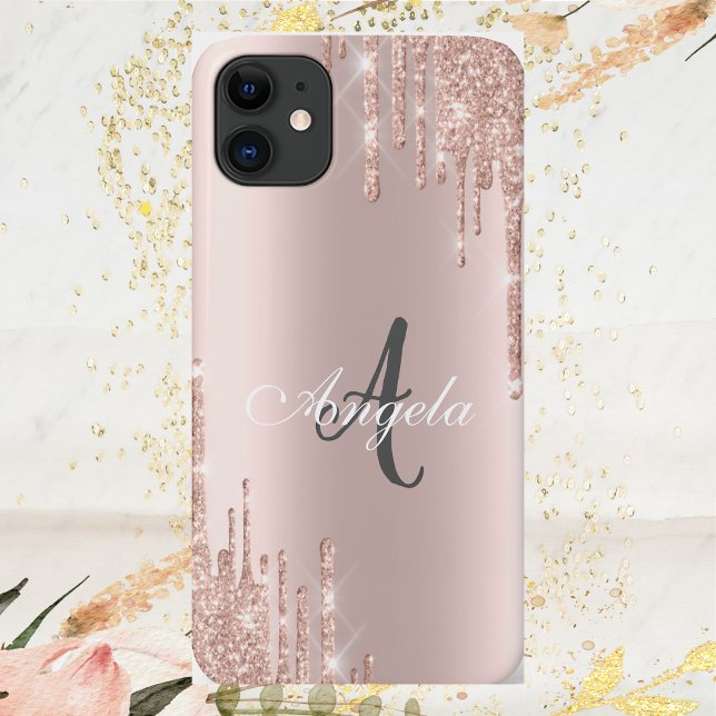 Coques Case-Mate iPhone Paillettes Modernes Gouttes Rose Gold, Monogramme (Créateur téléchargé)