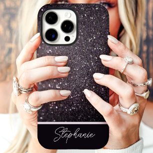 Coque iPhone 16 Pro Paillettes noires scintillement Nom personnalisé