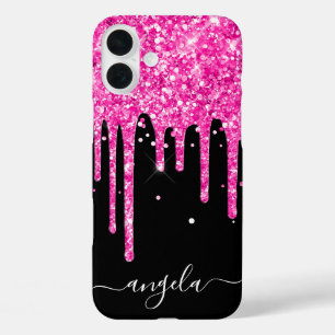 Coque Pour iPhone 16 Plus Paillettes rose vif qui dégoulinent Signature Blac