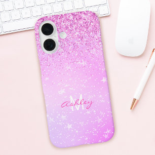 Coque Pour iPhone 16 Paillettes violettes, nom et monogramme en écritur