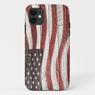Coque iPhone 11 Painted American Flag on Rustic Wood Texture