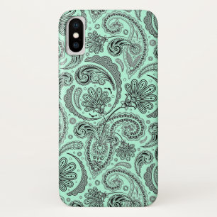 Coque iPhone X Paisley florale Black & Mint Green V