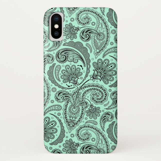 Coques Case-Mate iPhone Paisley florale Black & Mint Green V (Dos)