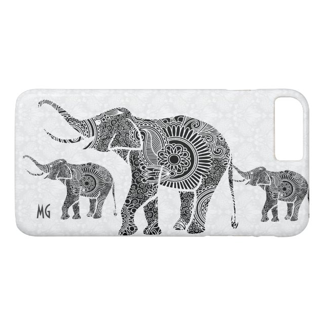 Coques Case-Mate iPhone Paisley florale noire et blanche Elephant-Monogram (Dos (Horizontal))