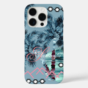 Coque iPhone 16 Pro Palm Hawaïen bleu noir monogramme personnalisé