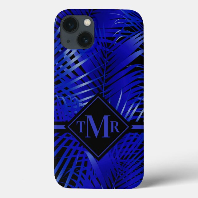 Coques Case-Mate iPhone Palme bleu tropicale monogramme (Verso)