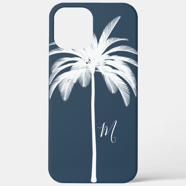 Coques Case-Mate iPhone Palmier Bleu Blanc Tropical Élégant Monogramme (Verso)