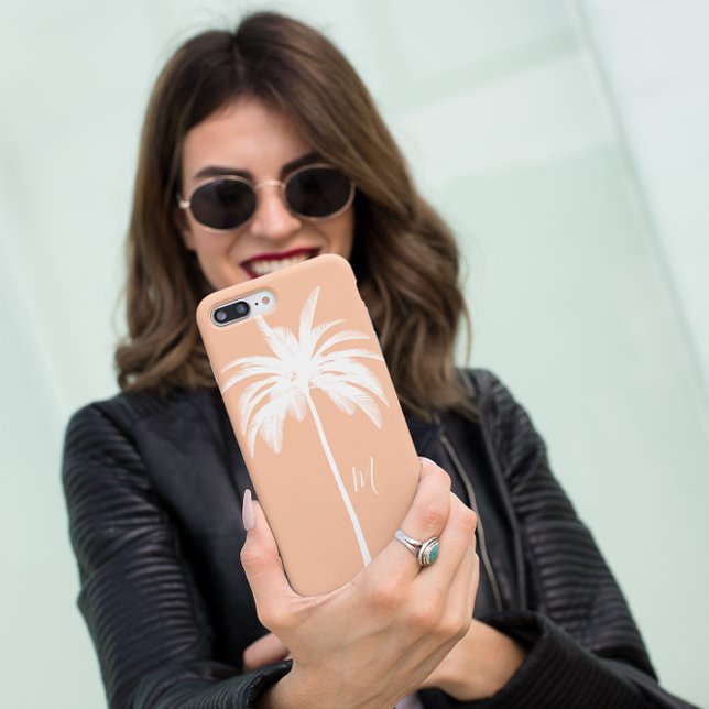 Coques Case-Mate iPhone Palmier Pêche Blanc Tropical Élégant Monogramme (Créateur téléchargé)