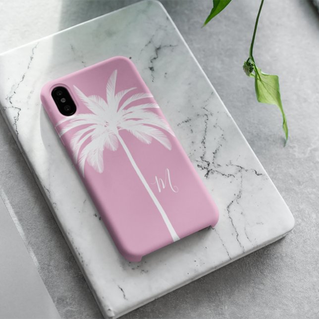 Coques Case-Mate iPhone Palmier rose blanc Tropical élégant Monogramme (Créateur téléchargé)