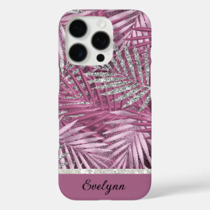 Coque iPhone 16 Pro Palmiers à Parties scintillant rose et argent pers