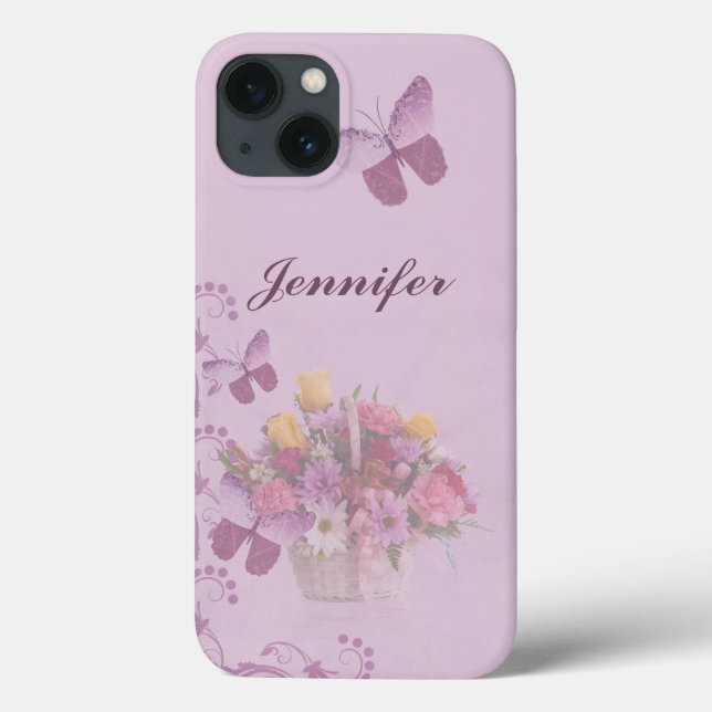 Coques Case-Mate iPhone Panier de fleurs et de papillons, Nom (Verso)