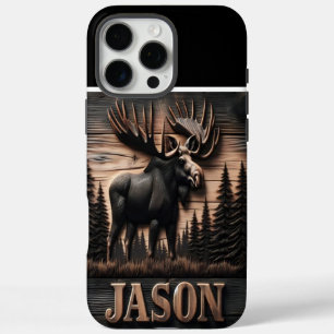 Coque iPhone 16 Pro Max Panneau en bois d'orignal sculpté
