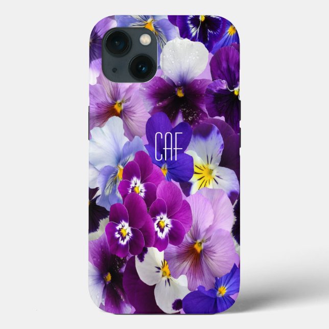 Coques Case-Mate iPhone Pansy Floral Violet Bleu Blanc Monogramme (Verso)