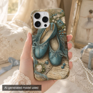 Coque iPhone 16 Pro Max Pantoufles de ballet bleues Shabby Chic et roses