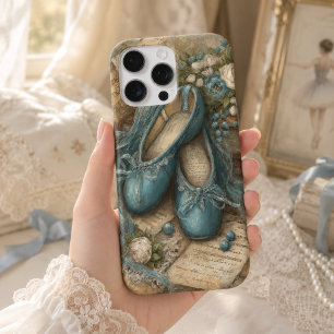 Coque iPhone 16 Pro Max Pantoufles de ballet bleues Shabby Chic et roses