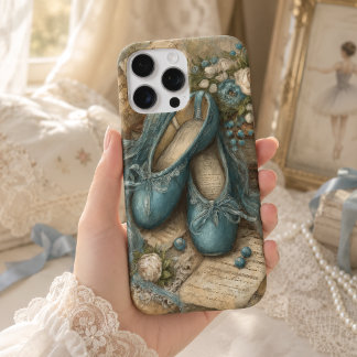 Coque iPhone 16 Pro Max Pantoufles de ballet bleues Shabby Chic et roses