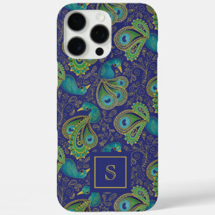 Coque iPhone 16 Pro Max Paon Paisley Bleu Royal Monogramme