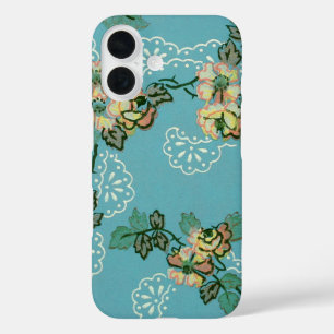 Coque Pour iPhone 16 Papier peint à fleurs vintage Turquoise motif flor