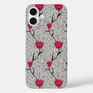 Coque Pour iPhone 16 Plus Papier peint Art Nouveau Tulipe Damassé, Gris et R