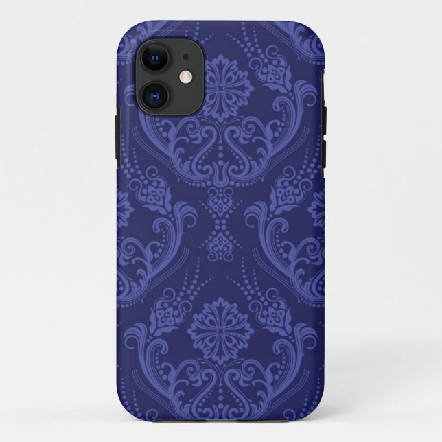 Coques Case-Mate iPhone Papier peint bleu damassé fleuri (Dos)