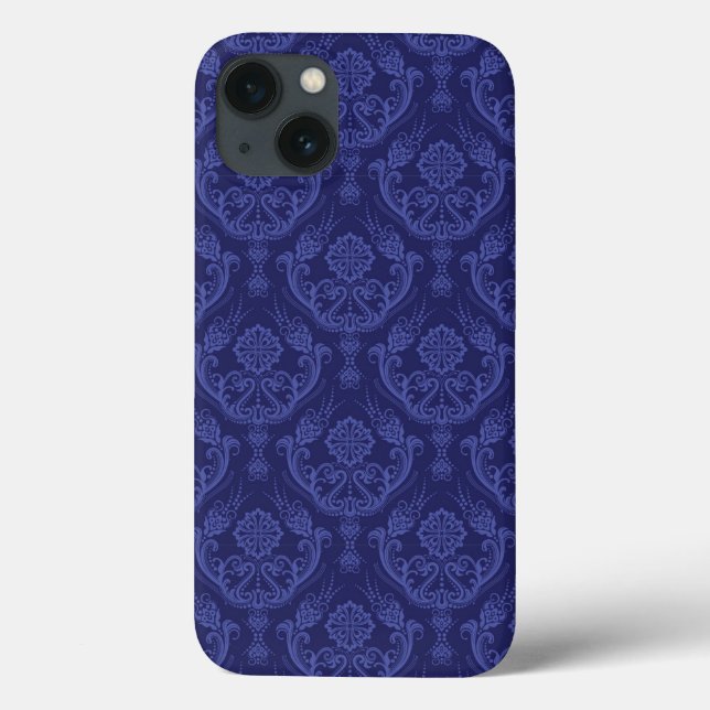Coques Case-Mate iPhone Papier peint floral bleu de luxe de damassé (Verso)