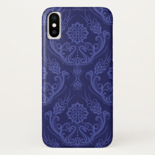 Coque iPhone X Papier peint floral bleu de luxe de damassé