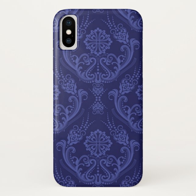 Coques Case-Mate iPhone Papier peint floral bleu de luxe de damassé (Dos)