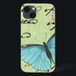 Coque Case-Mate iPhone Papillon à ailes bleues sur carte postale Turquois<br><div class="desc">Cette carte postale turquoise porte un message de beauté. Un délicat papillon à ailes bleues repose sur la carte,  obscurcissant une partie du script qu'il contient. Cette impression de Vision Studio ferait un grand ajout à votre maison!</div>