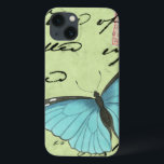 Coques Pour iPhone Papillon à ailes bleues sur carte postale Turquois<br><div class="desc">Cette carte postale turquoise porte un message de beauté. Un délicat papillon à ailes bleues repose sur la carte,  obscurcissant une partie du script qu'il contient. Cette impression de Vision Studio ferait un grand ajout à votre maison!</div>