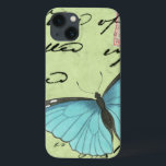 Coques Pour iPhone Papillon à ailes bleues sur carte postale Turquois<br><div class="desc">Cette carte postale turquoise porte un message de beauté. Un délicat papillon à ailes bleues repose sur la carte,  obscurcissant une partie du script qu'il contient. Cette impression de Vision Studio ferait un grand ajout à votre maison!</div>