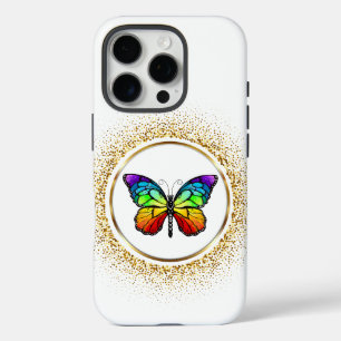 Coque iPhone 16 Pro Papillon arc-en-ciel dans un cercle doré