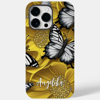 Coque Case-Mate iPhone Papillon argenté noir Fleurs jaunes Nom personnali