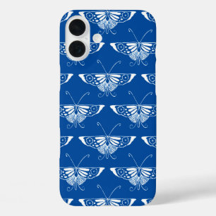 Coques iPhone 16 Plus Papillon Art déco stylisé, bleu cobalt et blanc