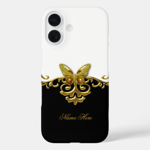 Coques iPhone 16 Papillon blanc noir d'or