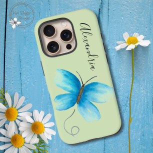 Coque iPhone 16 Pro Papillon bleu aquarelle sur vert Personnalisé