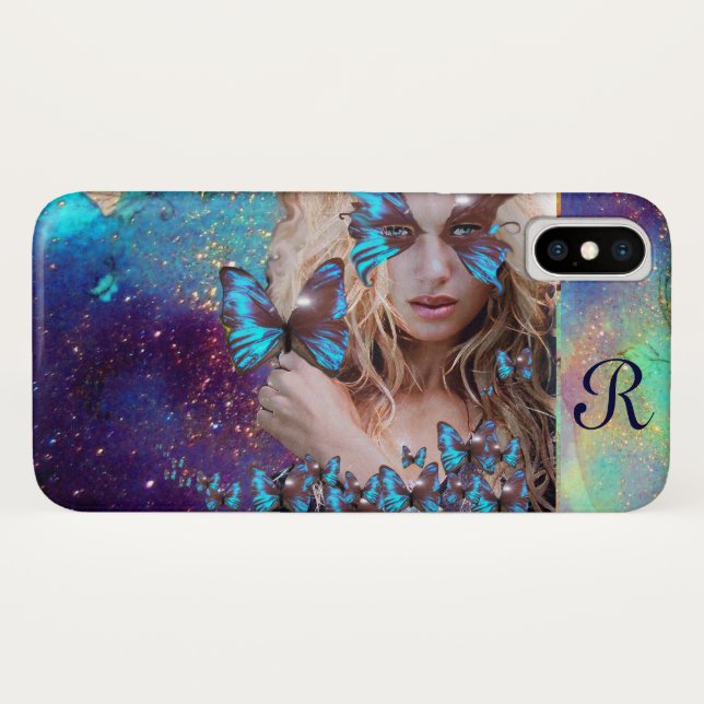 COQUES Case-Mate iPhone PAPILLON BLEU AVEC PAILLETTES VERTES DORÉES (Dos (Horizontal))