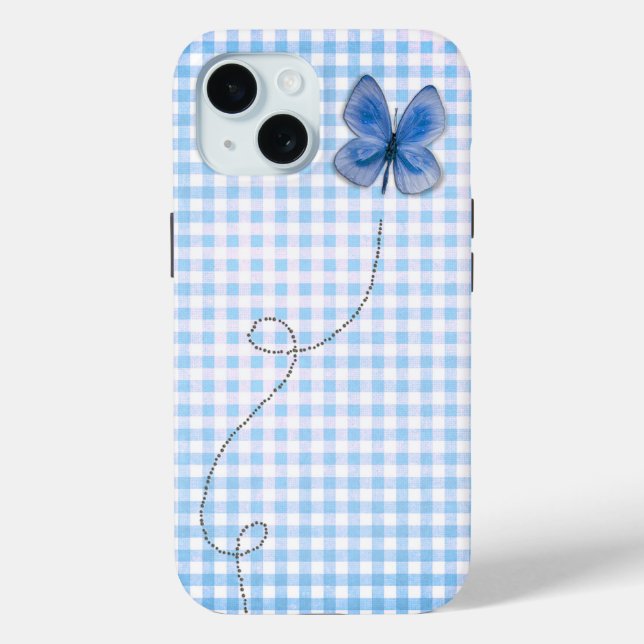 Coques Case-Mate iPhone Papillon bleu en vol En vichy (Verso)