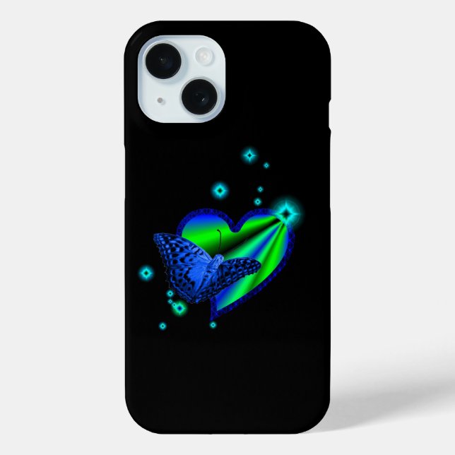 Coques Case-Mate iPhone Papillon bleu sur Rainbow Heart avec étoiles (Verso)