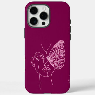 Coque iPhone 16 Pro Max Papillon d'art linéaire, magenta