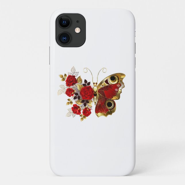 Coques Case-Mate iPhone Papillon de fleurs rouges aux roses rouges (Dos)