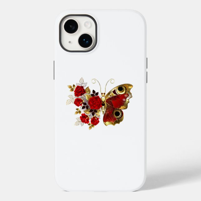 Coques Case-Mate iPhone Papillon de fleurs rouges aux roses rouges (Verso)