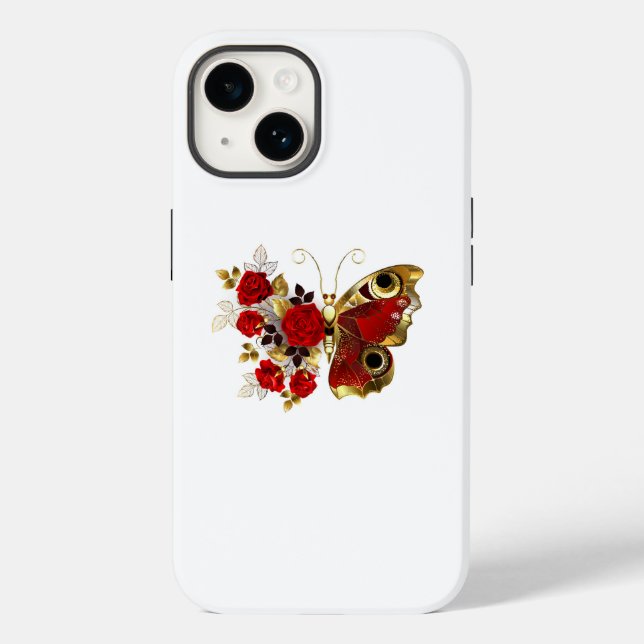 Coques Case-Mate iPhone Papillon de fleurs rouges aux roses rouges (Verso)