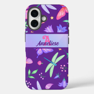 Coque Pour iPhone 16 Papillon de libellule violet lunaire monogramme