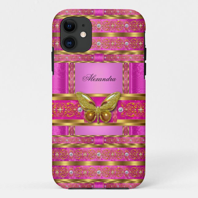 Coques Case-Mate iPhone Papillon diamant rose chaud or exotique (Dos)