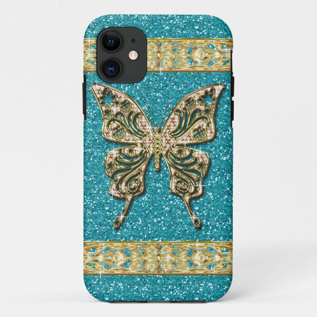 Coques Case-Mate iPhone Papillon d'or de la Parties scintillant Blue Aqua (Dos)
