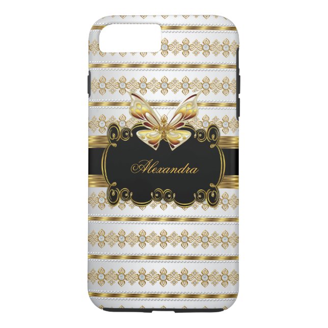 Coques Case-Mate iPhone Papillon élégant or noir blanc Jewel Stripe (Dos)
