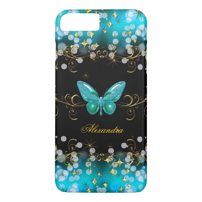 Coques Case-Mate iPhone Papillon Exotique Bleu Sarcelle Or Noir Étincelles (Dos)