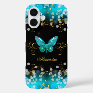 Coque Pour iPhone 16 Papillon Exotique Bleu Sarcelle Or Noir Étincelles