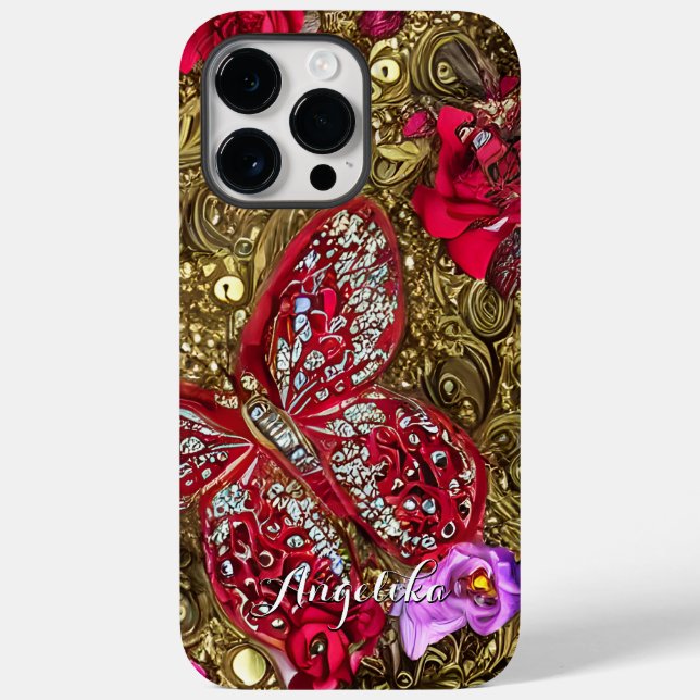 Coques Case-Mate iPhone Papillon floral rouge et or Nom personnalisé (Verso)